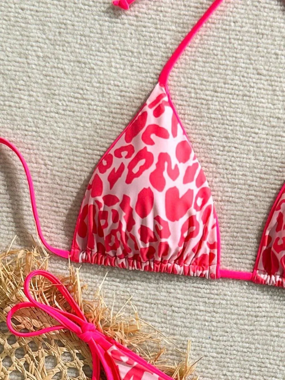 Watermelon pink Leopard Print Spaghetti Strap Tie Women's Beach Bikini Set